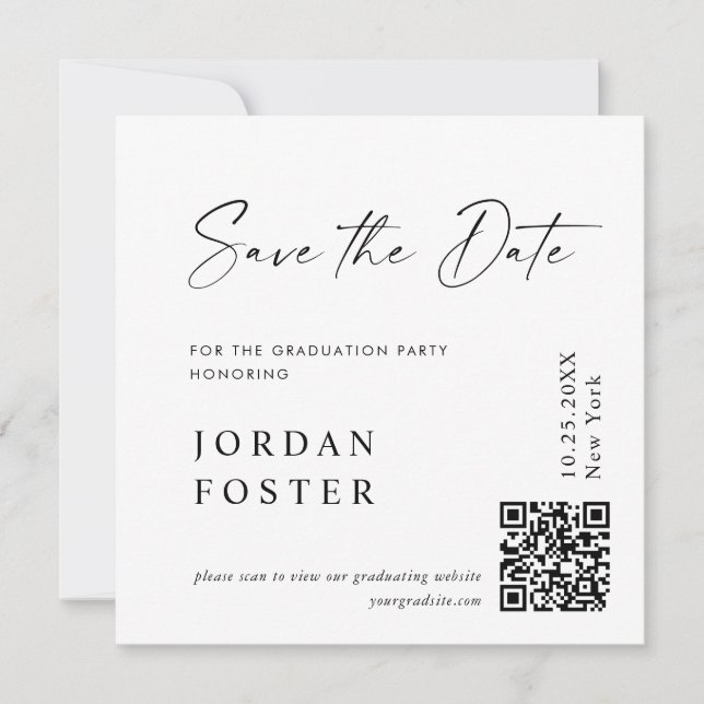Elegant Minimalist Graduation Photo QR code Save The Date (Front)