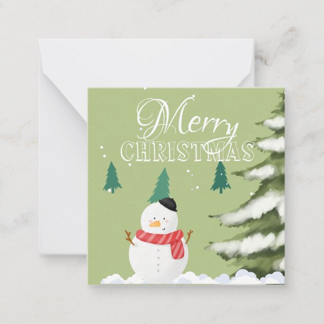 Elegant minimalist graphic snowman green tree Xmas Card (Front)