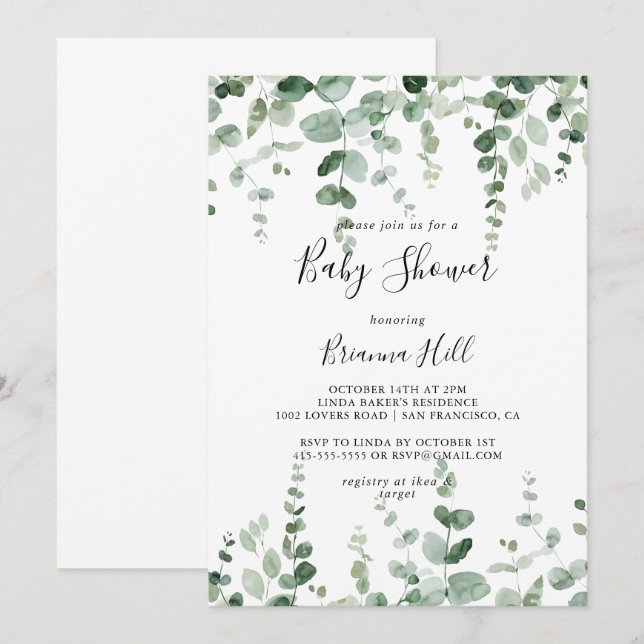 Elegant Minimalist Green Eucalyptus Baby Shower  Invitation (Front/Back)