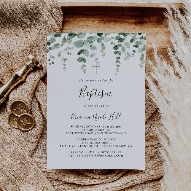 Elegant Minimalist Green Eucalyptus Baptism  Invitation (Creator Uploaded)