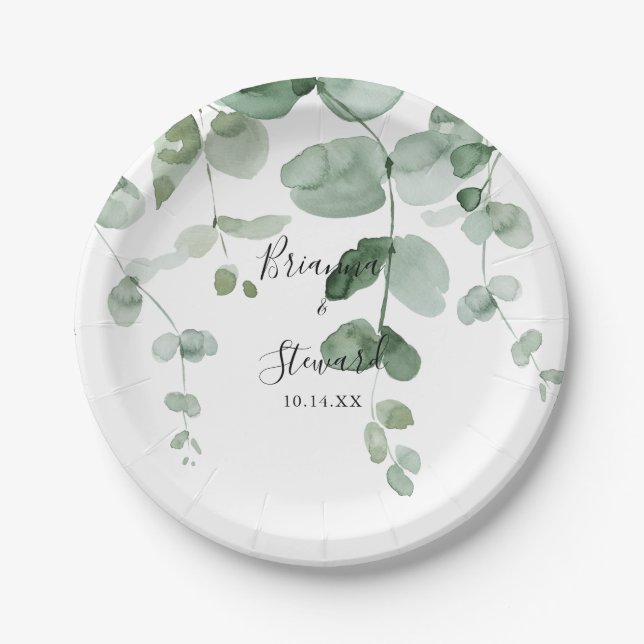 Elegant Minimalist Green Eucalyptus Wedding Cake  Paper Plate (Front)