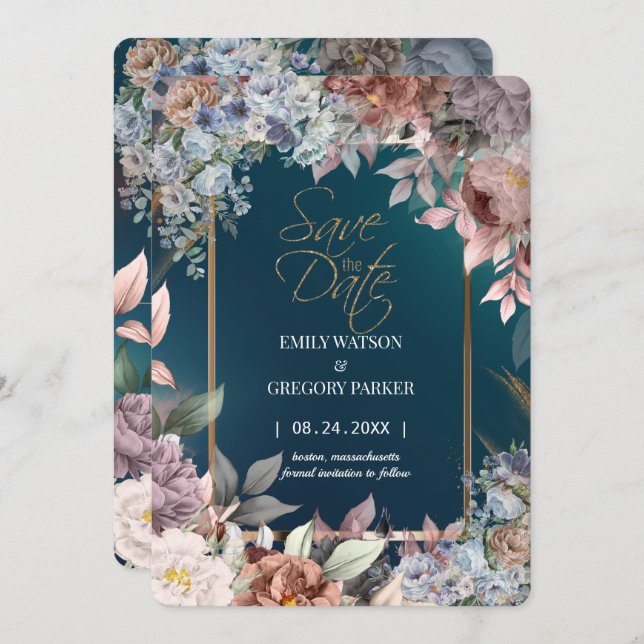 Elegant Minimalist Green Floral Gold Save the Date (Front/Back)