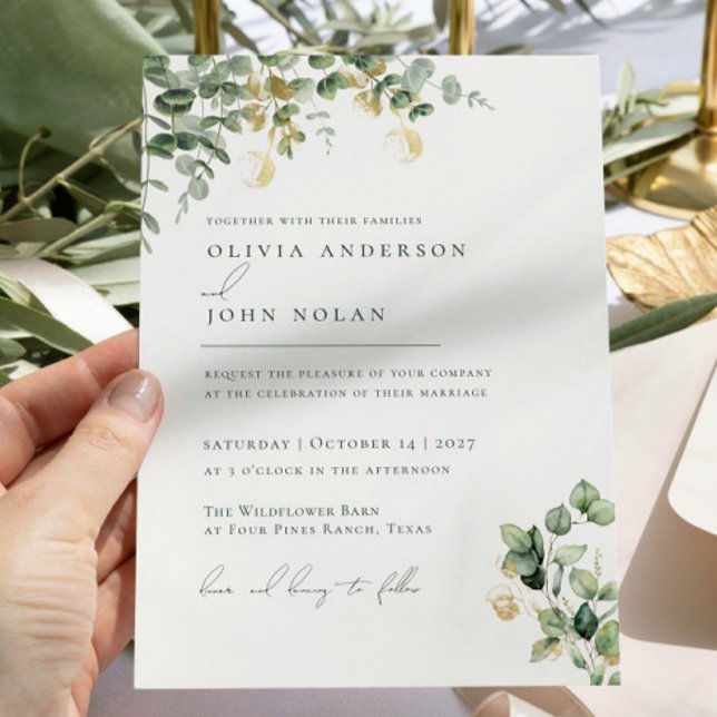 Elegant Minimalist Green Gold Eucalyptus Botanical Invitation (Creator Uploaded)