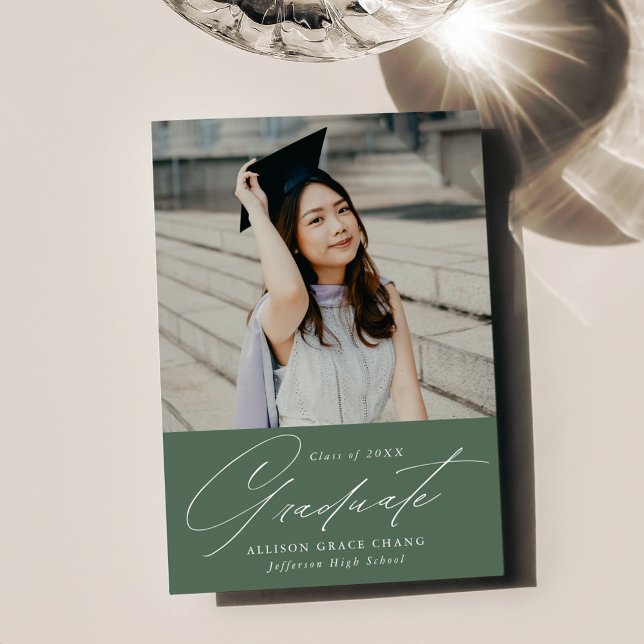 Elegant Minimalist Green Photo Graduation Announcement (Creator Uploaded)