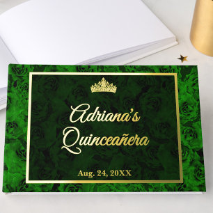 Elegant Minimalist Green Rose Floral Quinceanera Guest Book