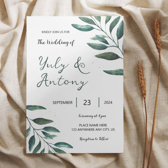 Elegant Minimalist Greenery Wedding Botanical Invitation (Minimalist wedding invitation with elegant green leaves and modern botanical design.)