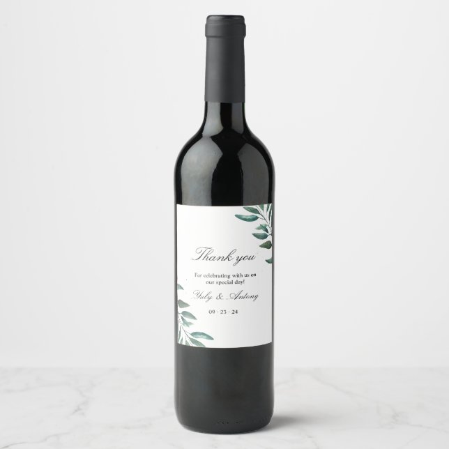 Elegant Minimalist Greenery Wedding Wine Bottle Label (Front)