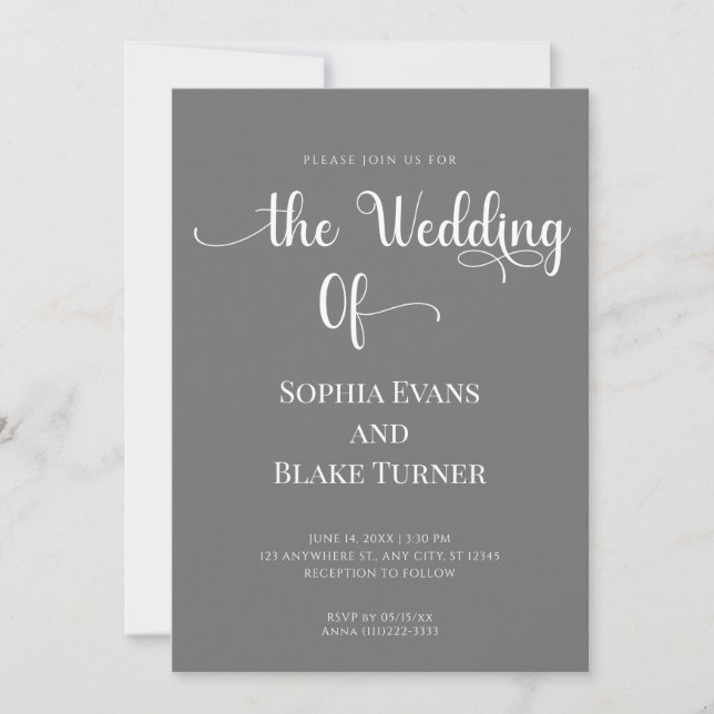 Elegant Minimalist Grey and White Wedding Invitation (Front)
