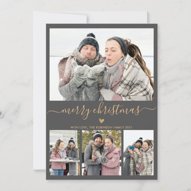 Elegant Minimalist Grey Gold 4 Photo Christmas Holiday Card (Front)