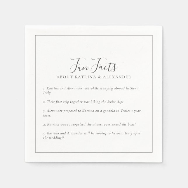 Elegant Minimalist Grey & White Fun Facts Wedding Napkin (Front)