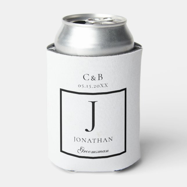 Elegant Minimalist Groomsman Monogram script  Can Cooler (Can Front)
