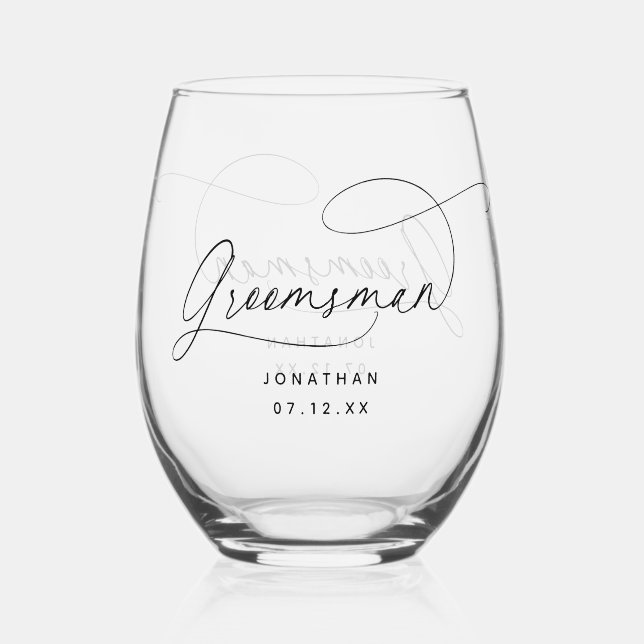 Elegant Minimalist Groomsman Stemless Wine Glass (Front)