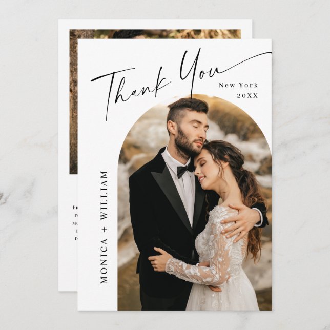 Elegant Minimalist Handwriting Wedding 2 Photo Thank You Card (Front/Back)