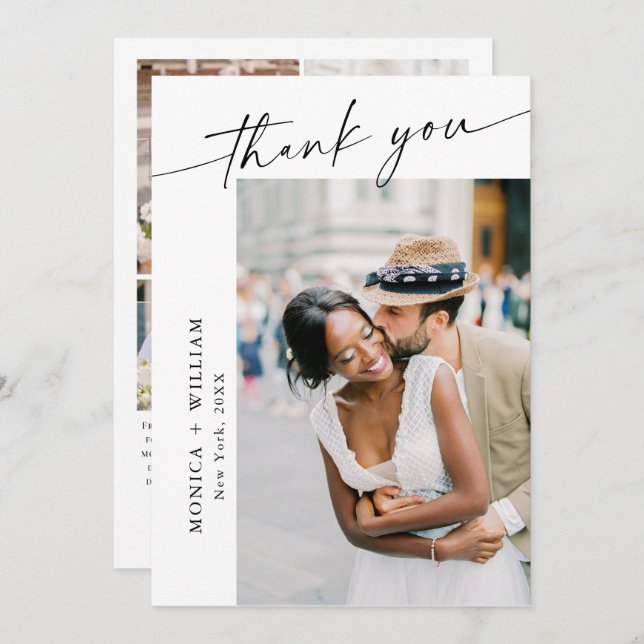 Elegant Minimalist Handwriting Wedding 5 Photo Thank You Card (Front/Back)