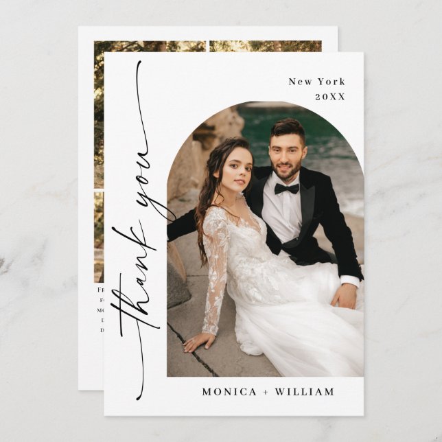 Elegant Minimalist Handwriting Wedding 5 Photo Thank You Card (Front/Back)