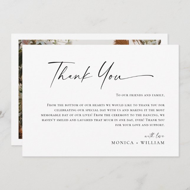 Elegant Minimalist Handwriting Wedding One Photo Thank You Card (Front/Back)