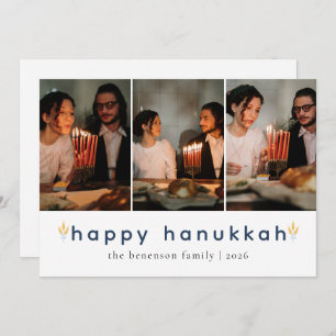 Elegant Minimalist Happy Hanukkah Family 3 Photo Holiday Card