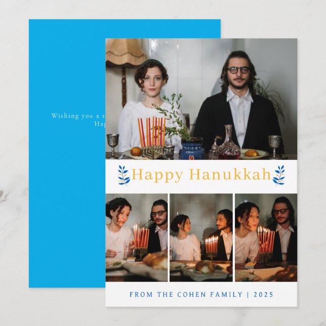 Elegant Minimalist Happy Hanukkah Family 4 Photo Holiday Card (Front/Back)