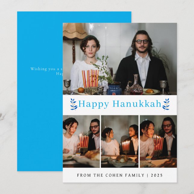 Elegant Minimalist Happy Hanukkah Family 4 Photo Holiday Card (Front/Back)