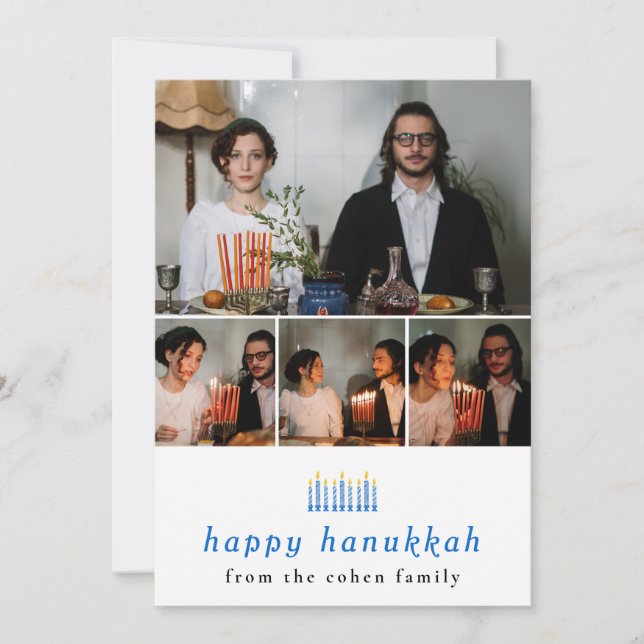 Elegant Minimalist Happy Hanukkah Family 4 Photo  Holiday Card (Front)
