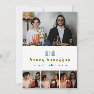Elegant Minimalist Happy Hanukkah Family 4 Photo Holiday Card