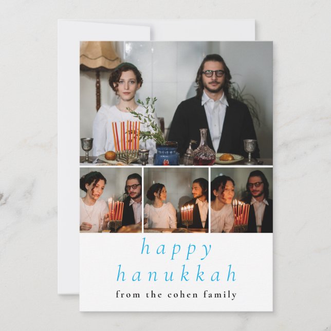 Elegant Minimalist Happy Hanukkah Family 4 Photo Holiday Card (Front)