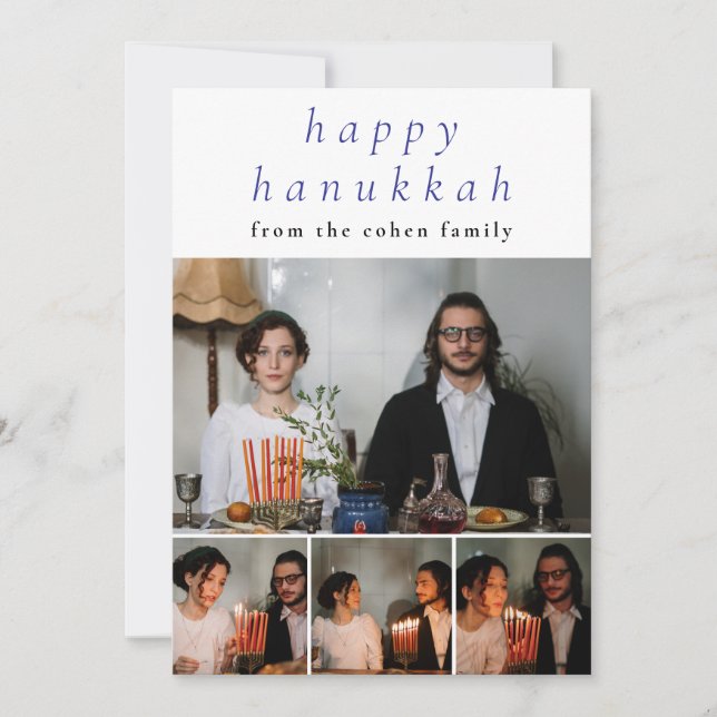 Elegant Minimalist Happy Hanukkah Family 4 Photo Holiday Card (Front)