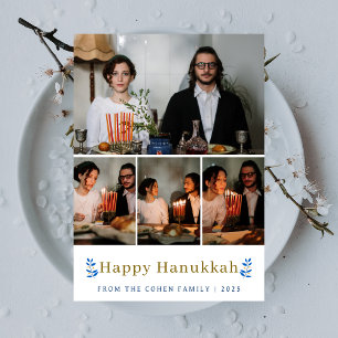 Elegant Minimalist Happy Hanukkah Family 4 Photo Holiday Card