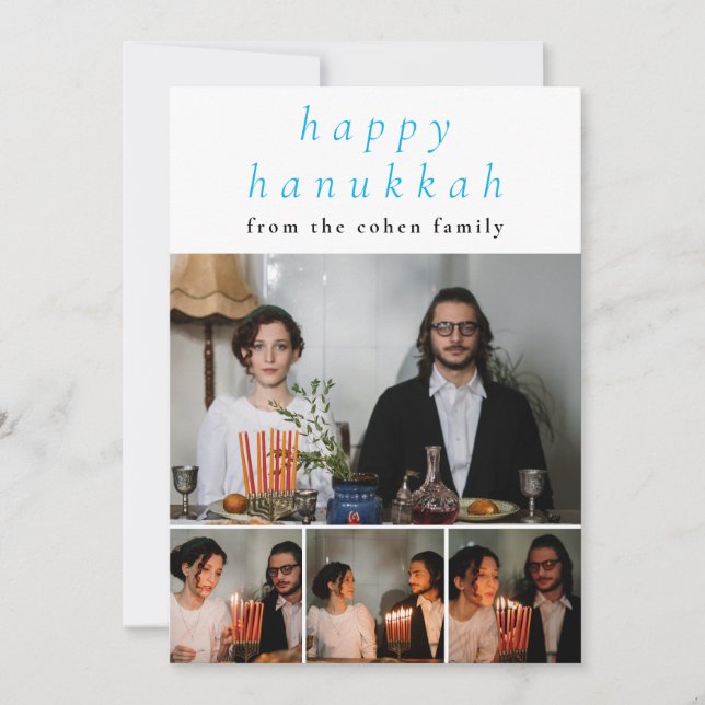 Elegant Minimalist Happy Hanukkah Family 4 Photo Holiday Card (Front)
