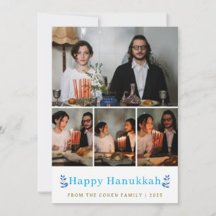 Elegant Minimalist Happy Hanukkah Family 4 Photo Holiday Card