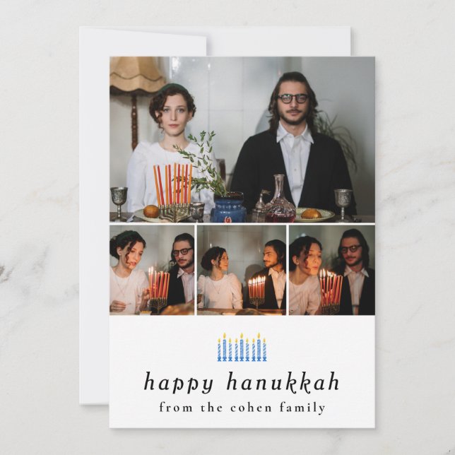 Elegant Minimalist Happy Hanukkah Family 4 Photo  Holiday Card (Front)