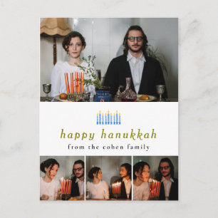 Elegant Minimalist Happy Hanukkah Family 4 Photo Holiday Postcard