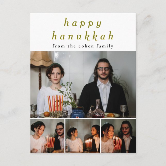Elegant Minimalist Happy Hanukkah Family 4 Photo Holiday Postcard (Front)