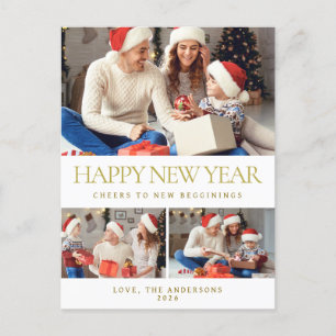 Elegant Minimalist Happy New Year Family 3 Photo Holiday Postcard
