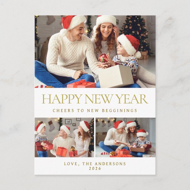 Elegant Minimalist Happy New Year Family 3 Photo Holiday Postcard (Front)