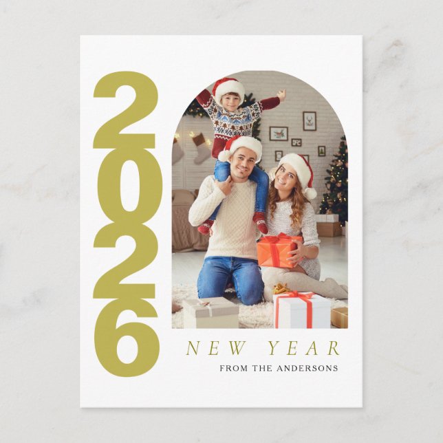Elegant Minimalist Happy New Year Family Photo Holiday Postcard (Front)