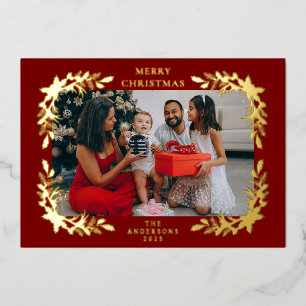 Elegant Minimalist Holly Berry Christmas Family Foil Holiday Card