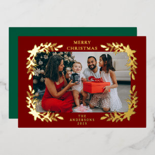 Elegant Minimalist Holly Berry Christmas Family Foil Holiday Card