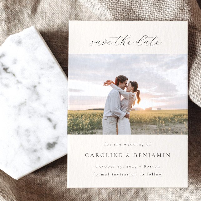 Elegant Minimalist Ivory Calligraphy Wedding Photo Save The Date (Creator Uploaded)