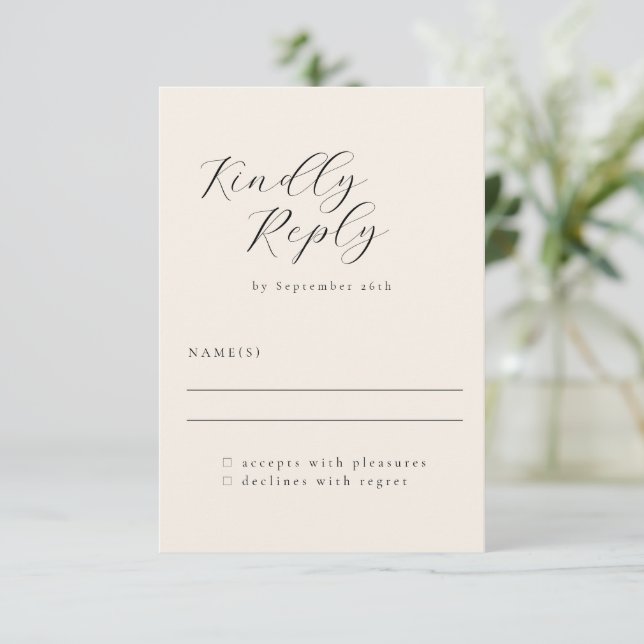 Elegant Minimalist Ivory Cream Calligraphy Wedding RSVP Card (Standing Front)