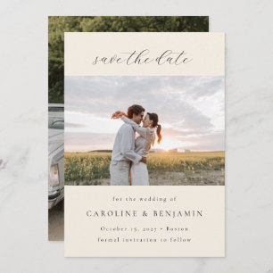 Elegant Minimalist Ivory Script Wedding Two Photo Save The Date