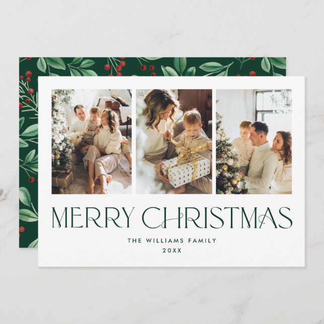 Elegant Minimalist Merry Christmas 3 Photo Holiday Card (Front/Back)