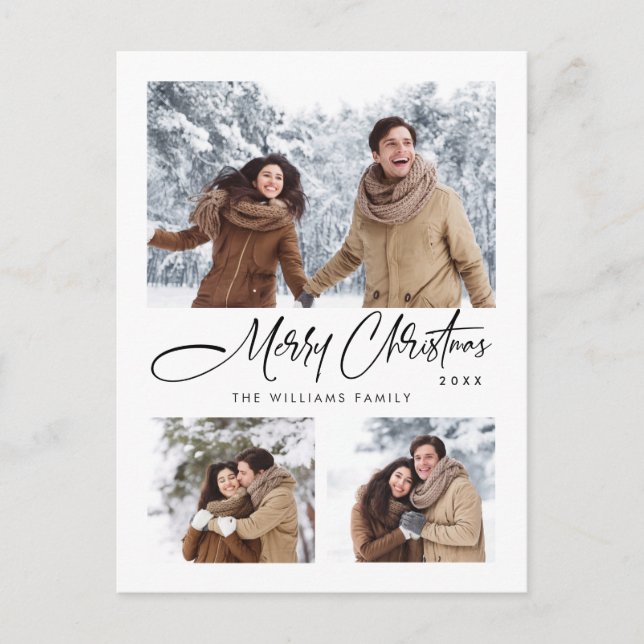 Elegant Minimalist Merry Christmas Holiday 3 Photo Postcard (Front)