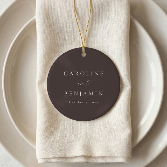 Elegant Minimalist Mocha Brown Calligraphy Wedding Ceramic Tree Decoration (Creator Uploaded)