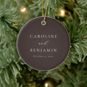 Elegant Minimalist Mocha Brown Calligraphy Wedding Ceramic Tree Decoration
