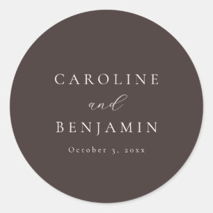 Elegant Minimalist Mocha Brown Calligraphy Wedding Classic Round Sticker