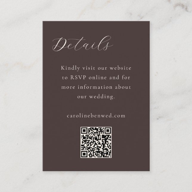 Elegant Minimalist Mocha Brown Script QR Wedding Enclosure Card (Front)