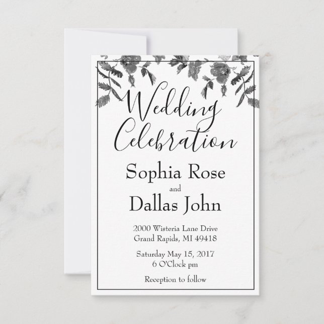 Elegant minimalist modern black white wildflowers invitation (Front)