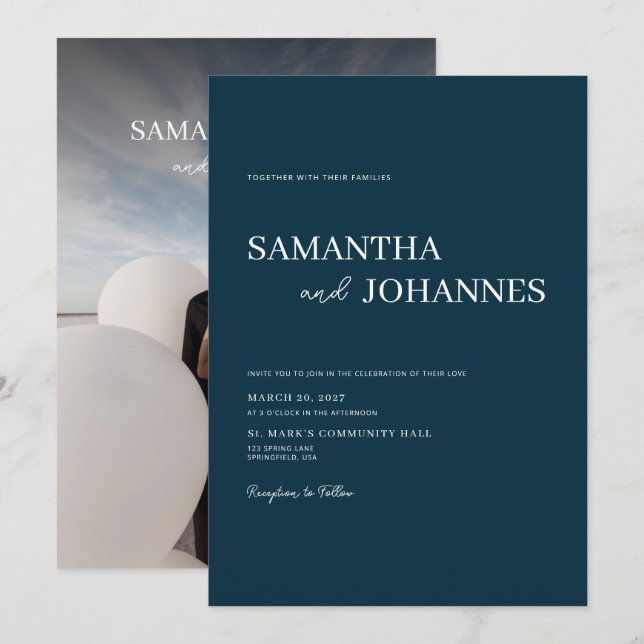 Elegant Minimalist Modern Blue Photo Wedding Invitation (Front/Back)