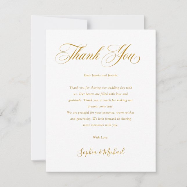 Elegant Minimalist Modern Gold Script Wedding Thank You Card (Front)
